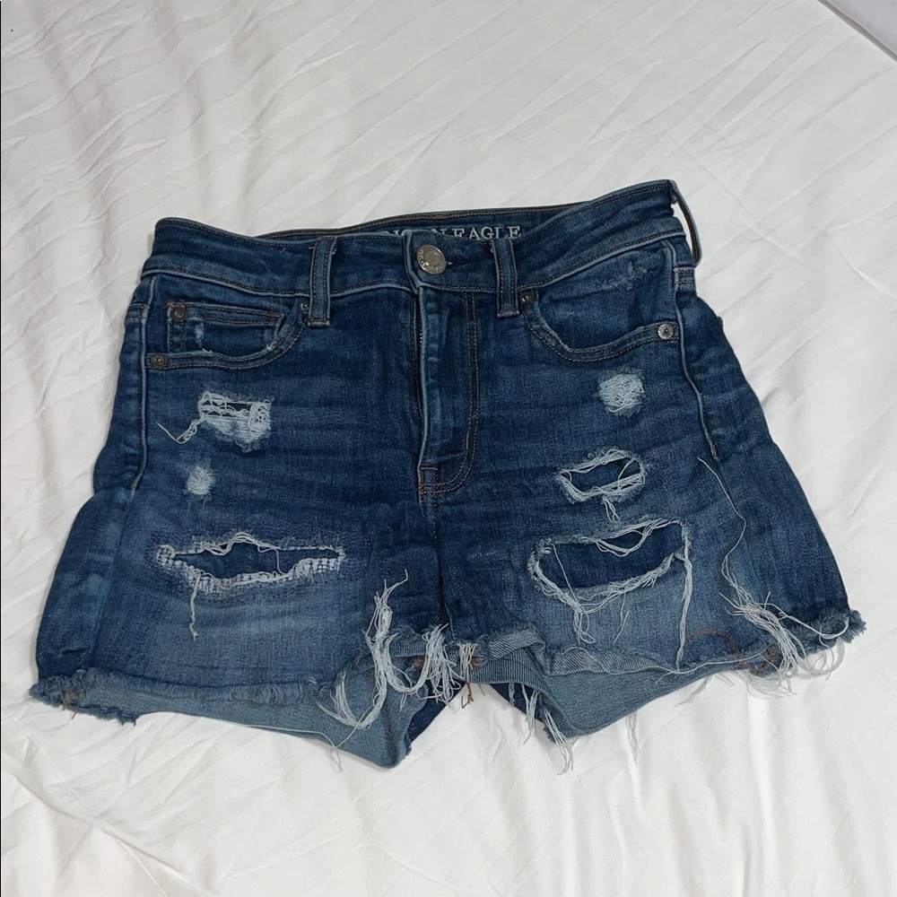 American Eagle Outfitters Women's Ripped Dark Blue Jean Shorts